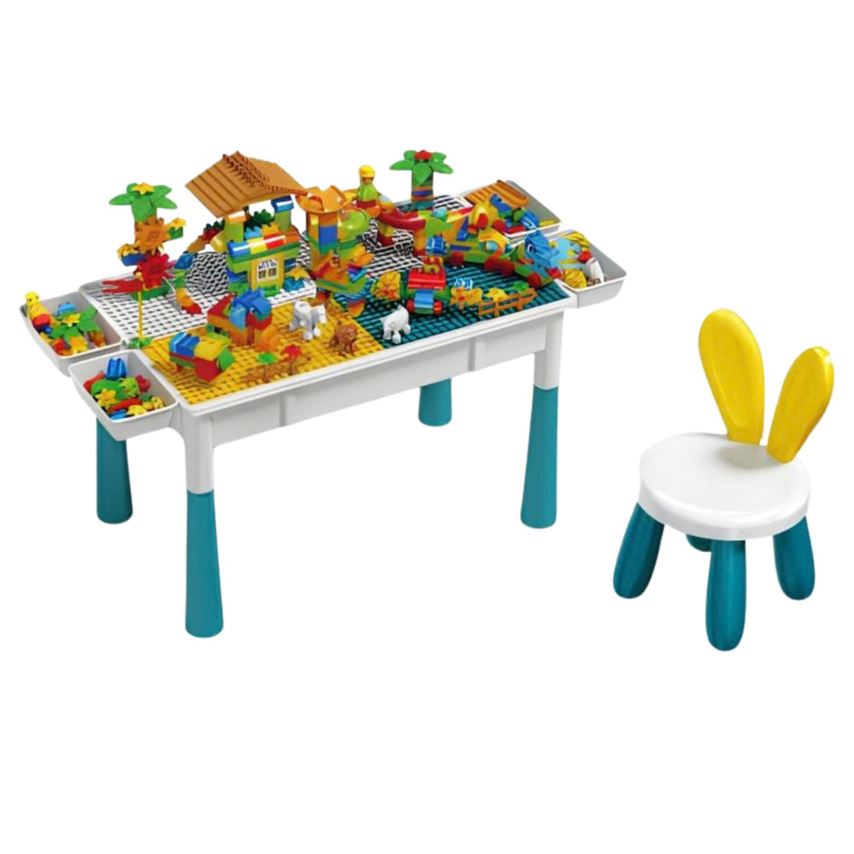 Măsuță educativă Flippy cu scăunel Bunny și 156 piese compatibile LEGO Duplo, vedere frontală, multicolor