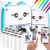 Set Mini Imprimanta Foto Portabila, Vivimall, Include: 1x Set de Markere, 5x Role de Hartie Termica, 5x Role Hartie Adeziva, Incarcare USB, Bluetooth, Print Alb-Negru, Model Ursulet, Alb/Albastru - vivimall.ro