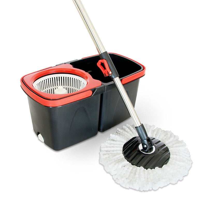 Set mop rotativ cu galeata Vivimall, material plastic si microfibra, rezistent, cu dop scurgere, vas detasabil, pentru interior, capacitate 8 l, negru/rosu - vivimall.ro