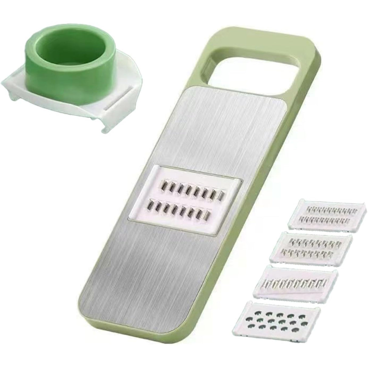 Set Multifunctional din 7 Piese, Vivimall, pentru Taierea si Maruntirea Legumelor, Uz Casnic,din Otel Inoxidabil, Gri-Verde - vivimall.ro