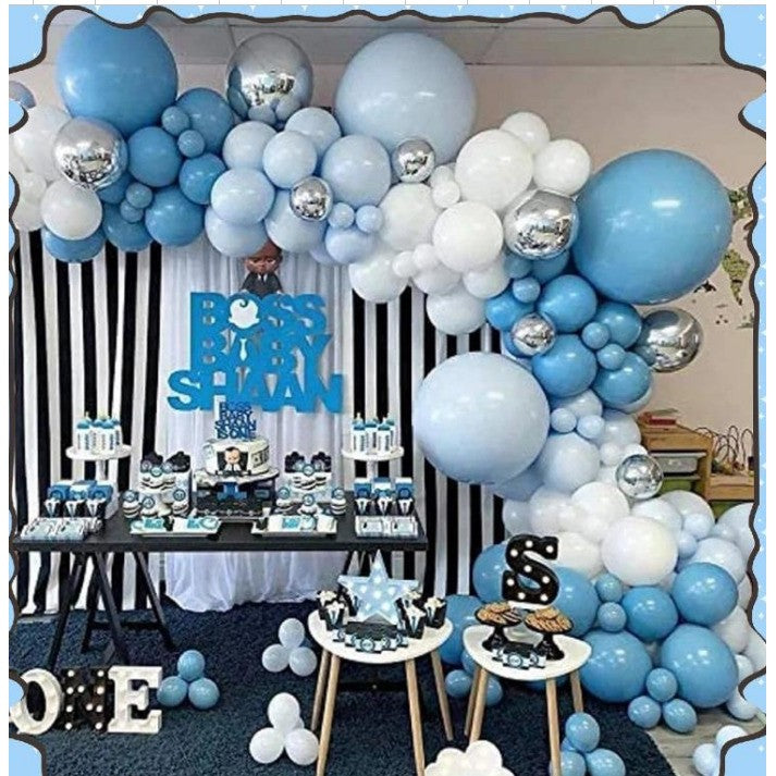 Baloane decorative Arcada, pentru Baieti, BABY SHOWER, Vivimall, Arcada Baby BOSS, Set din 154 baloane, Model Petrecere, Baloane Party, 12 cm, 30 cm, 45 cm, Albastru, Bleu, Alb, Argitiu - vivimall.ro
