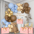 Set 107 baloane latex pentru arcadă Baby Shower băieți, culori albastru și maro, vedere de ansamblu