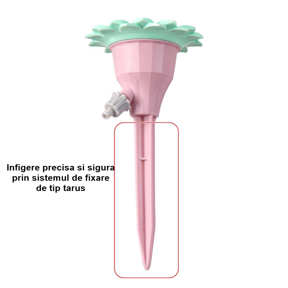 Csepegtető készlet, szeleppel, öntözéshez, virágmintás, állítható sebesség, bepattintható rögzítés, praktikus, 16,8 x 9 cm, rózsaszín