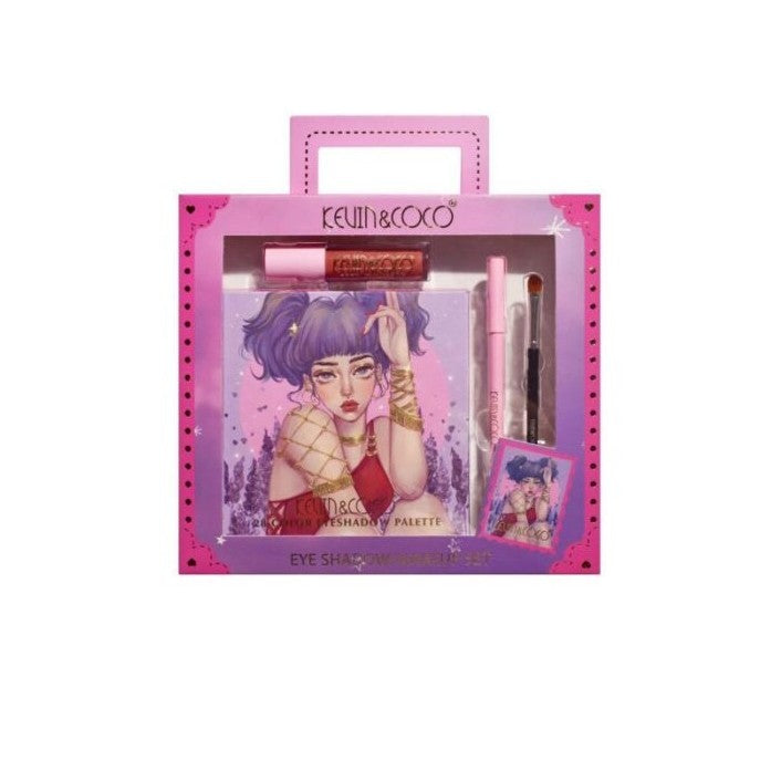 Set Produse de Machiaj, Kevin & Coco, 28 Culori, Fard de Ochi, Ruj, Pensula si Creion, Varianta 2 - vivimall.ro