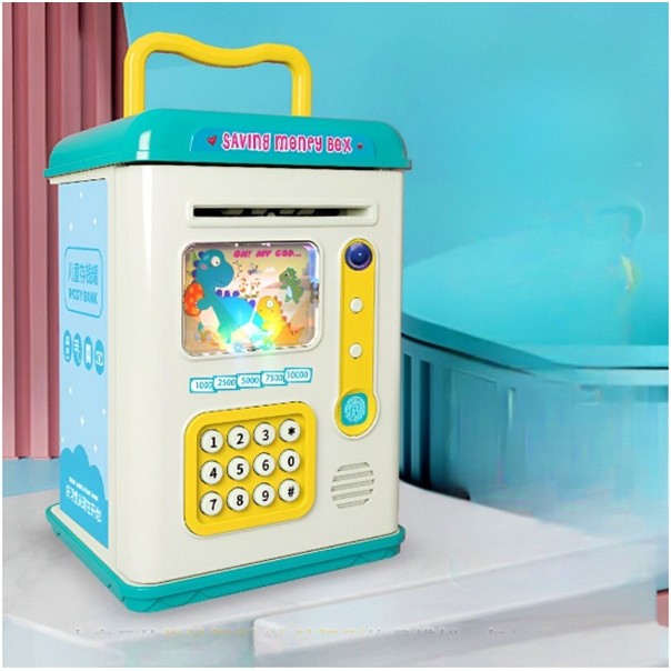 Set Pusculita pentru Copii, Vivimall, Tip ATM, Parola cu Amprenta, 13.5 x 11.5 x 20 cm, Albastru - vivimall.ro