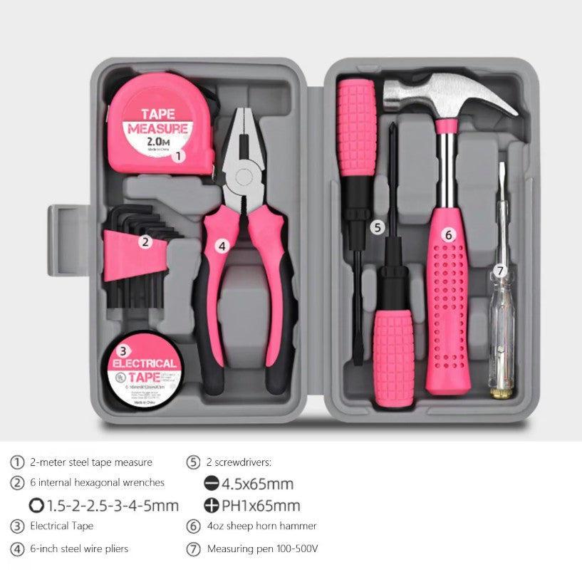 Set Scule 24 piese pentru Uz Casnic, Flippy, Instrumente Set in Trusa de Plastic Gri, din Plastic si Metal, 20 x 12.5 x 3 cm, Roz