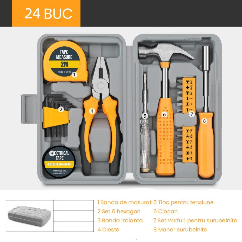 Set Scule 24 piese pentru Uz Casnic, Flippy, Instrumente Set in Trusa de Plastic Gri, din Plastic si Metal, 20 x 12.5 x 3 cm, Galben