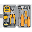 Set scule 24 piese în trusă de plastic gri, dimensiuni 20x12,5x3 cm, vedere frontală cu unelte galbene