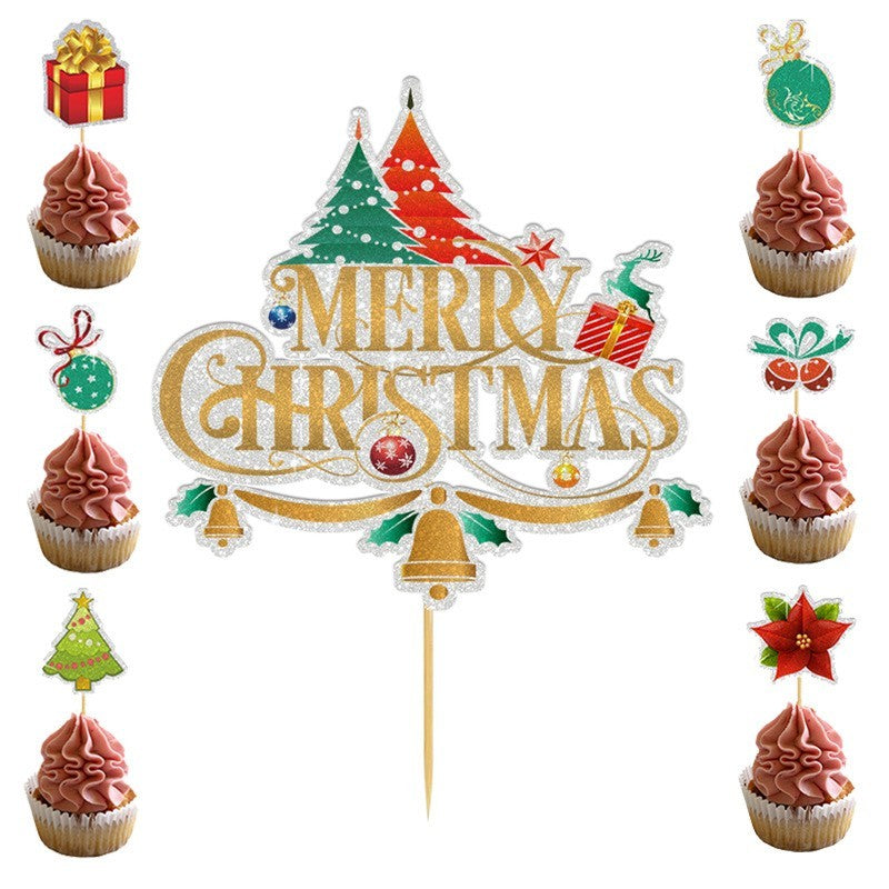 Set Toppere pentru Tort si Prajituri, Vivimall, Tematica Craciun, Model Mare Scris Merry Christmas 15.5x14.3 cm, 6 Toppere Mici Modele Variate 5x5 cm, Multicolor - vivimall.ro