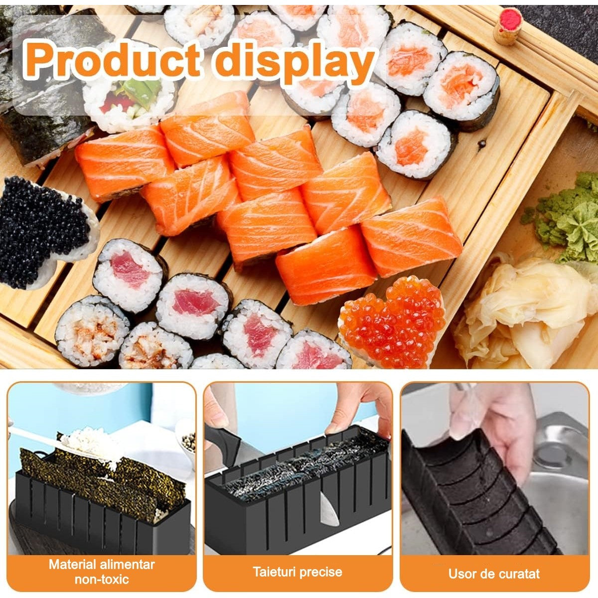 Set ustensile pentru facut sushi Vivimall, 10 piese, forma inima inclus, 3 forme clasice, extensibil, finisaj lucios, material ABS, curatare usoara, negru - vivimall.ro