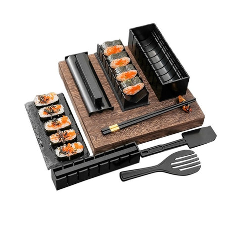 Set ustensile pentru facut sushi Vivimall, 10 piese, forma inima inclus, 3 forme clasice, extensibil, finisaj lucios, material ABS, curatare usoara, negru - vivimall.ro