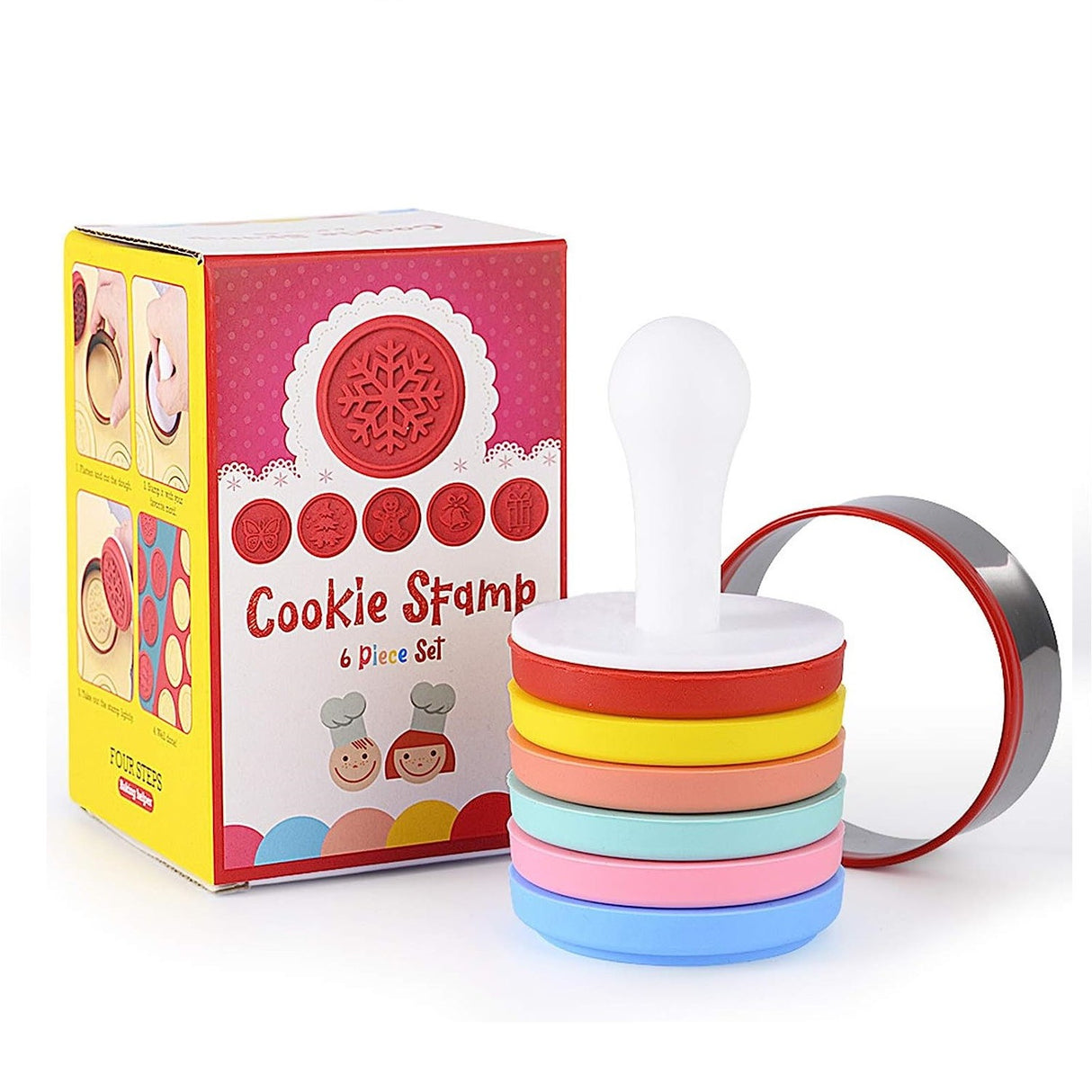 Set 6 stampile pentru prajituri Vivimall, tematica de Craciun, din silicon alimentar non-toxic, taietor aluat inclus, 6 cm,  maner din plastic, compact, usor de depozitat, - vivimall.ro