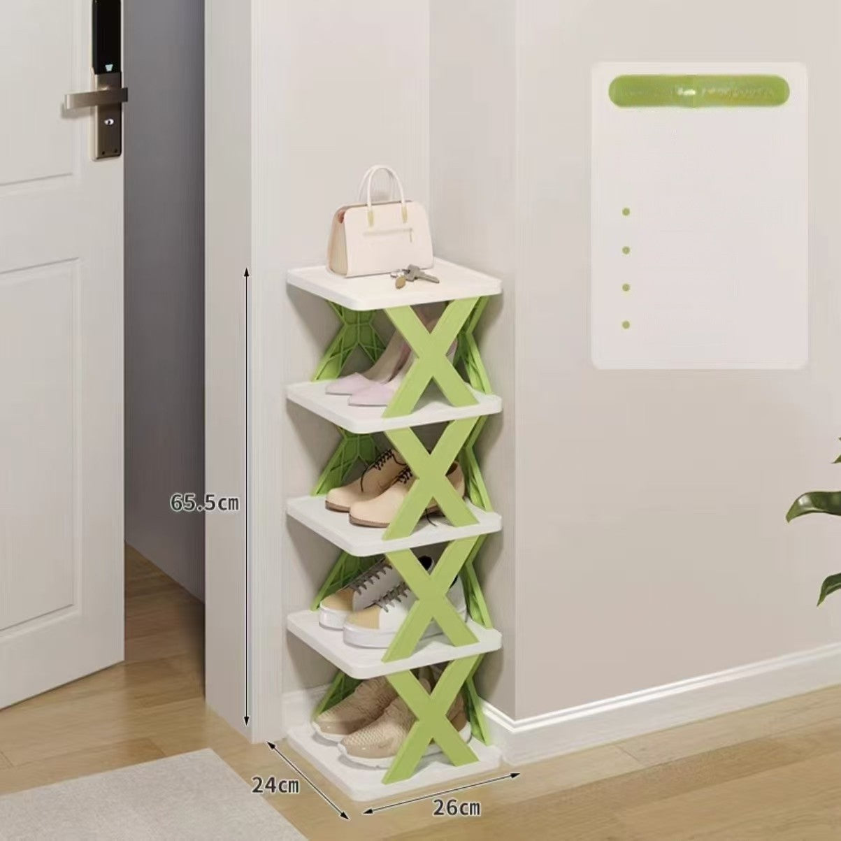 Raft pantofi modular cu 5 straturi din ABS, culoare alb și verde, dimensiuni 65.5x24x26 cm, vedere frontală