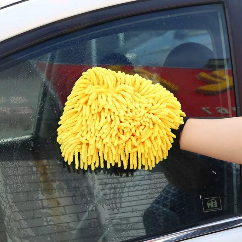 Conținut pachet mănușă spalat auto Flippy galben/gri, greutate 250g, dimensiuni etichetă