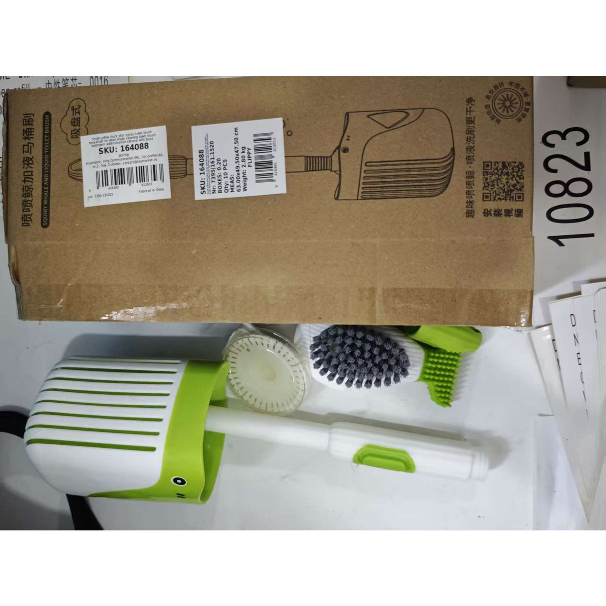 Perie de Toaleta, Flippy, cu Suport de Perete, Recipient Detergent, 2 Tipuri de Perii, Model Balena, Verde