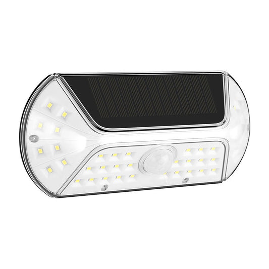 Aplica solara LED SMD pentru perete Vivimall, cu senzor de miscare, dreptunghiulara, IP44, luminozitate mare 40 LED-uri, 3.7V, 1200mah, autonomie 8 ore, 19.2 x 8.9 cm, alb rece - vivimall.ro