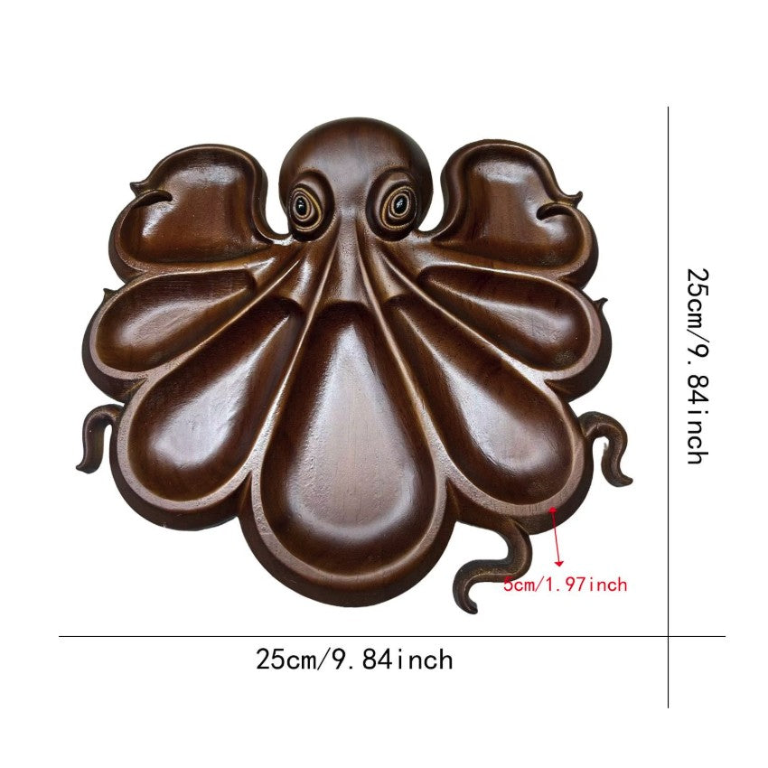 Platou pentru Servire, Flippy, in Forma de Caracatita, 8 Compartimente pentru Mezeluri Branzeturi Snacksuri, Design Artistic, din Lemn Masiv, 26 x 25 x 3 cm, Maro inchis - vivimall.ro