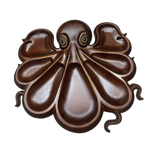 Platou pentru Servire, Vivimall, in Forma de Caracatita, 8 Compartimente pentru Mezeluri Branzeturi Snacksuri, Design Artistic, din Lemn Masiv, 26 x 25 x 3 cm, Maro inchis - vivimall.ro