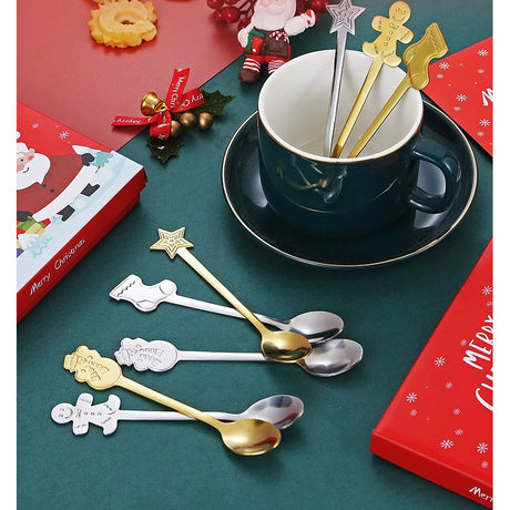 Set 4 Lingurite, Flippy, Tema Craciun, din Otel Inoxidabil, 4 Modele Festive, Cutie Cadou, 14 x 14 x 2.5 cm, Argintiu - vivimall.ro