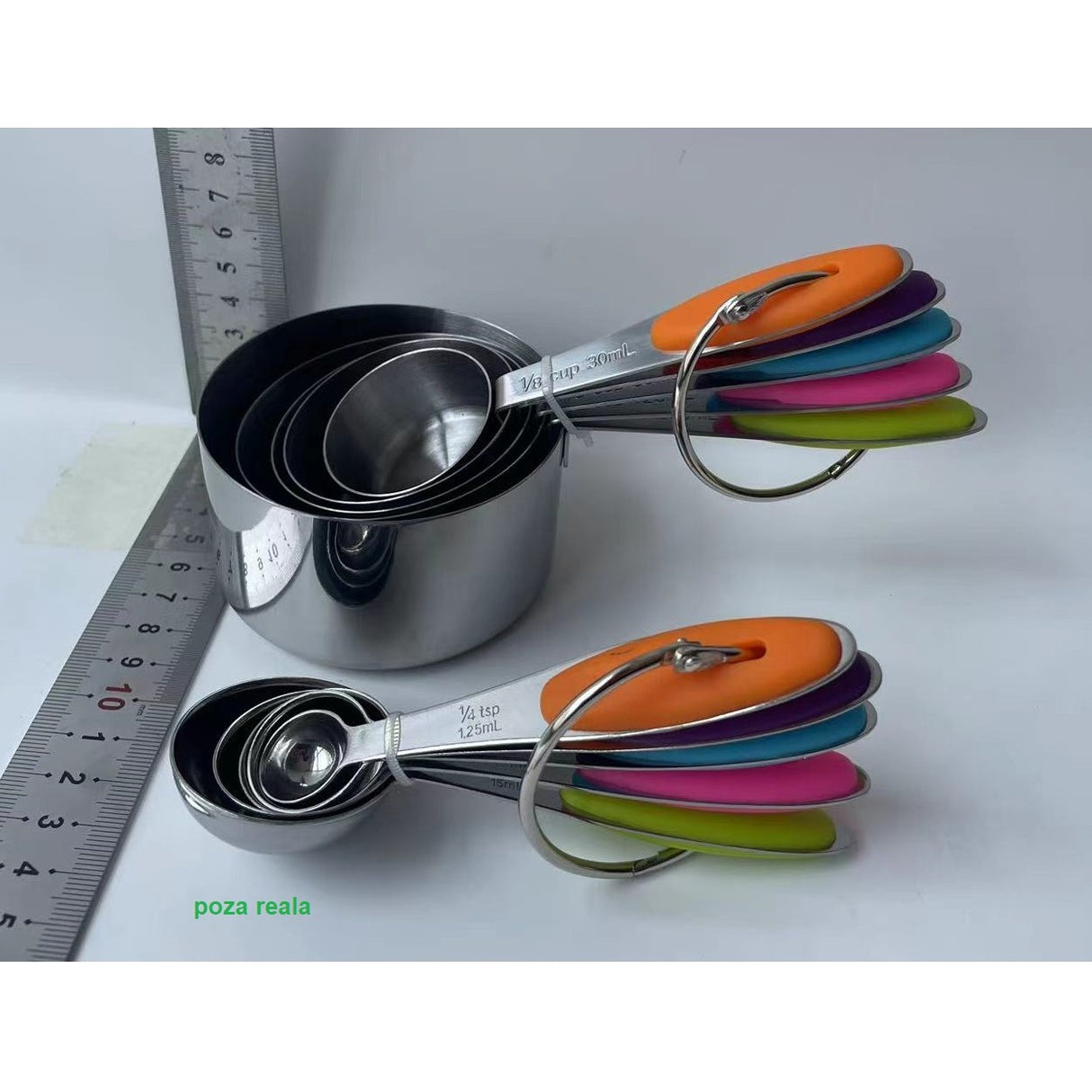 Set 10 Piese de Masurare, Vivimall, 5 Linguri Gradate + 5 Cesti Gradate, Otel Inoxidabil + Silicon, 19 x 8 x 9 cm, Multicolor - vivimall.ro