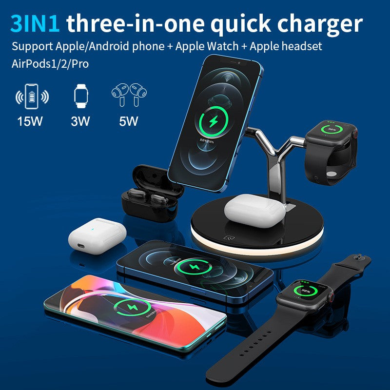 Stație încărcare wireless 25W negru cu lumină de noapte activată, unghi lateral stânga