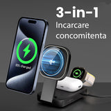 Stație wireless MagSafe 3 în 1 cu iPhone încărcat pe suport magnetic, vedere laterală