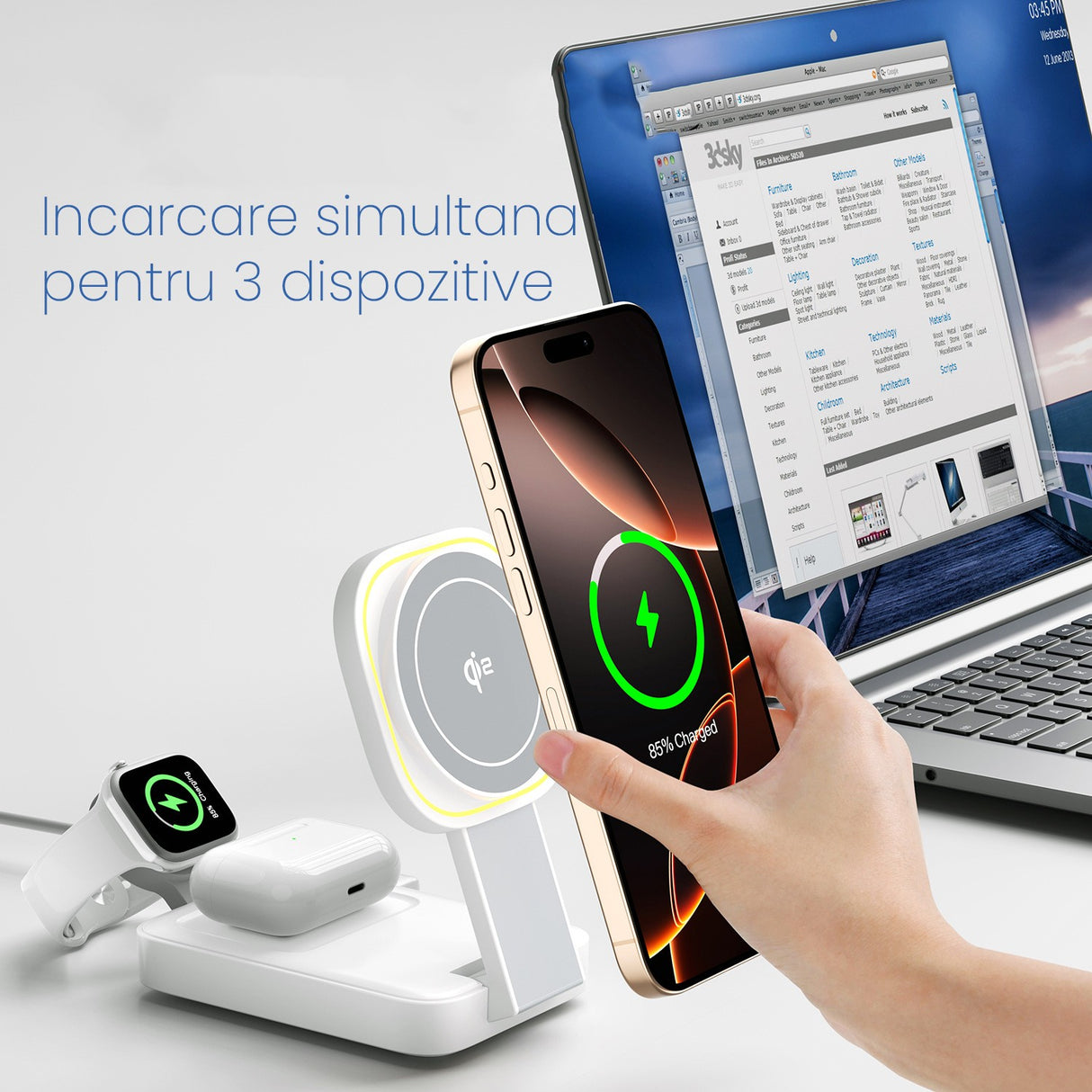 Stație încărcare wireless Vivimall 15W cu iPhone pozitionat vertical pe suportul magnetic MagSafe