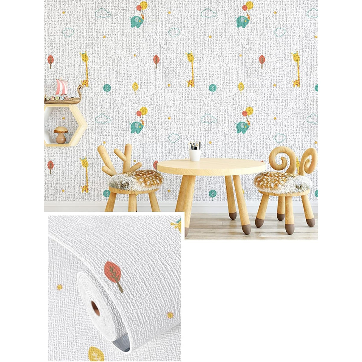 Rola Autoadeziva pentru Perete, Vivimall, din Panza, 10 m, Rezistenta la Umezeala, 2.5 mm Grosime, Model Girafa si Elefant, Multicolor - vivimall.ro