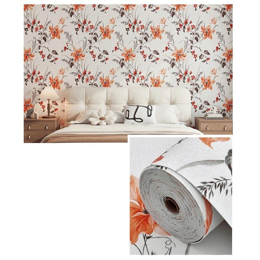 Rola Autoadeziva pentru Perete, Vivimall, din Panza, 10 m, Rezistenta la Umezeala, 2.5 mm Grosime, Model Flori, Portocaliu - vivimall.ro