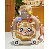 Sticla cu pai pentru copii, Vivimall, model ursulet, gradata, stickere aplicate, curea reglabila, din plastic rezistent la cadere, 1l, Maro, 20 x 13 cm - vivimall.ro