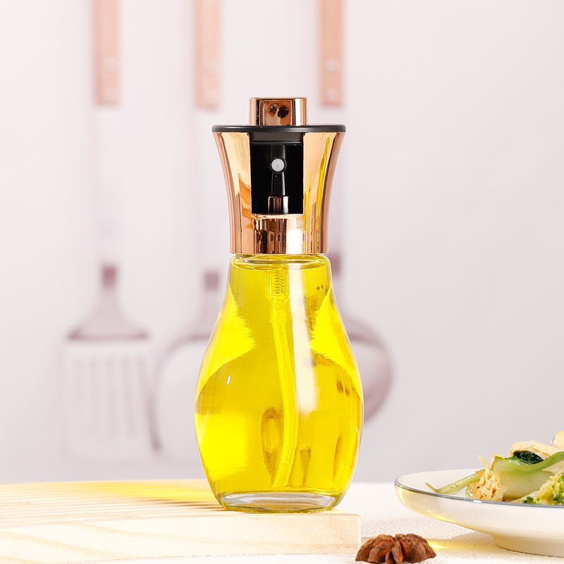Sticla de ulei cu Pulverizator, Vivimall, Sticla pentru Lichide de Bucatarie, Otet, Sos, 16.7 x 5.2 cm, Volum 200 ml, Roz Gold - vivimall.ro
