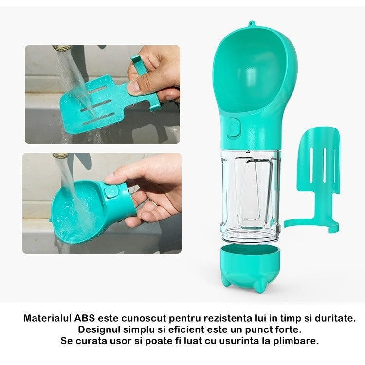 Sticla portabila 4 in 1 Vivimall, pentru caini si pisici, cu 3 compartimente + lopetica, 300ml, apa, hrana, pungi igienice, lopetica, 26.7 x 9.7 x 9.4 cm, turcoaz - vivimall.ro