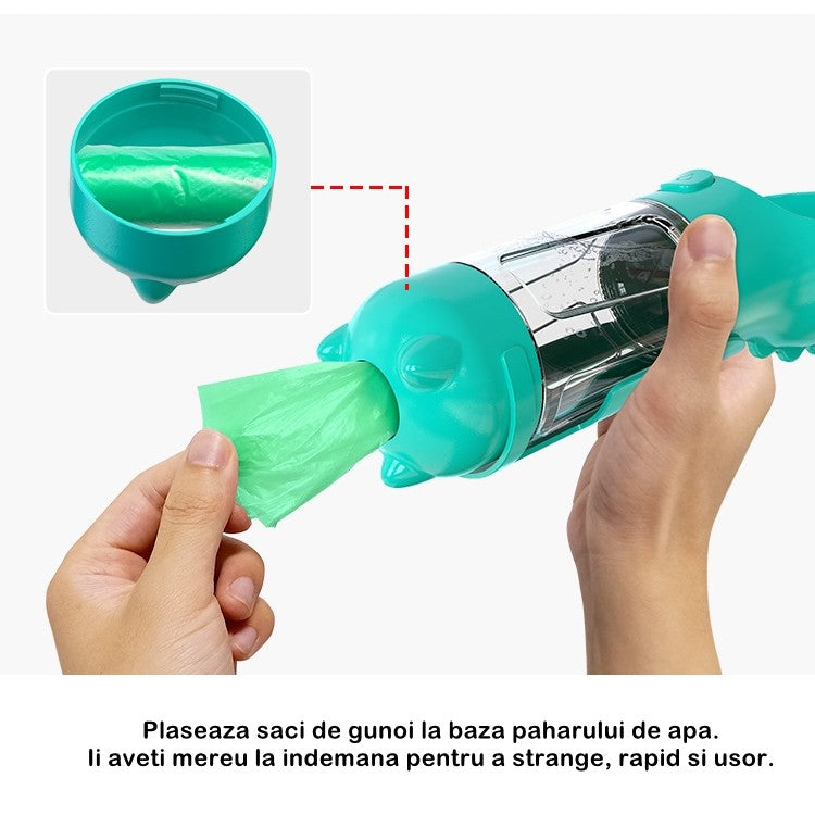 Sticla portabila 4 in 1 Vivimall, pentru caini si pisici, cu 3 compartimente + lopetica, 300ml, apa, hrana, pungi igienice, lopetica, 26.7 x 9.7 x 9.4 cm, turcoaz - vivimall.ro