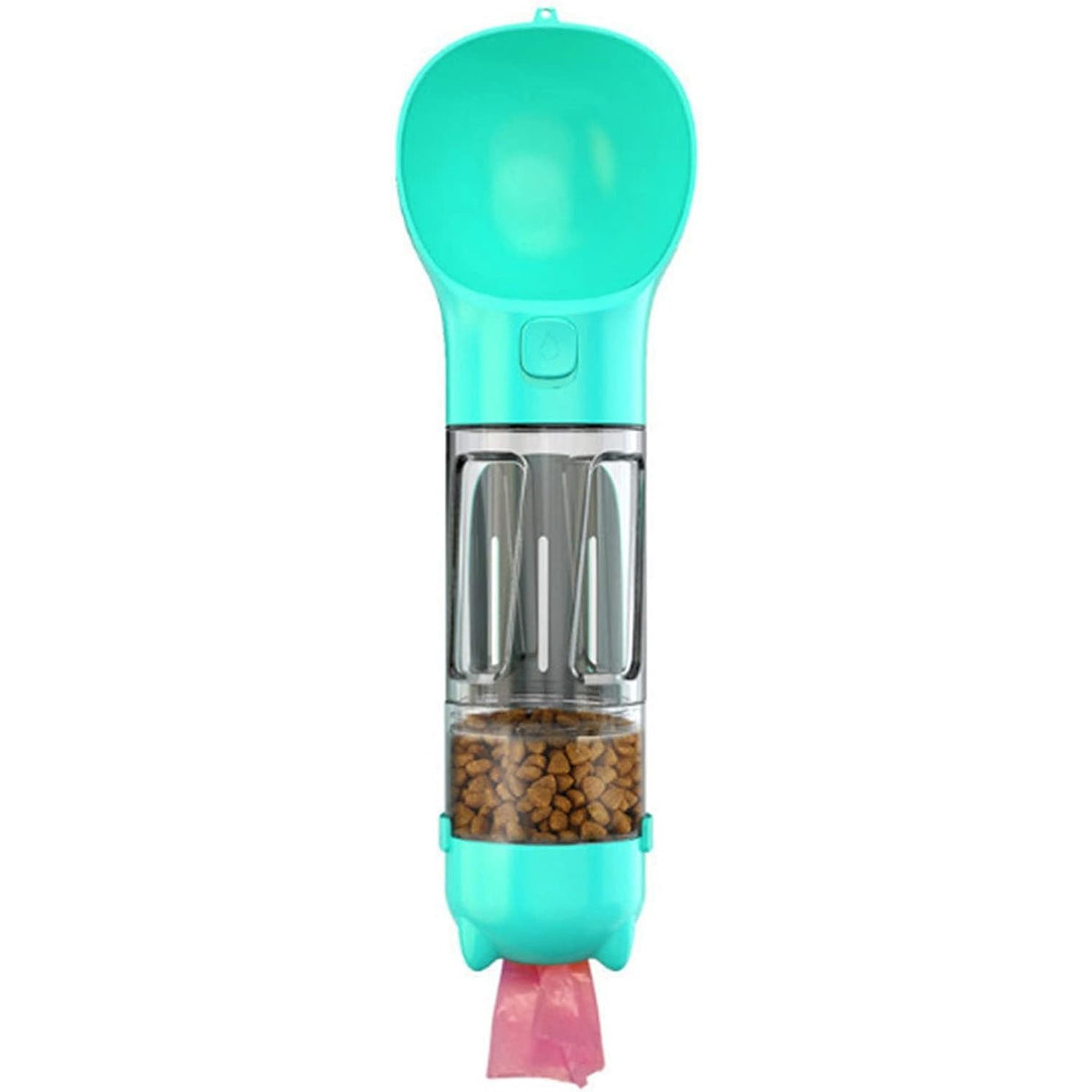 Sticla portabila 4 in 1 Vivimall, pentru caini si pisici, cu 3 compartimente + lopetica, 300ml, apa, hrana, pungi igienice, lopetica, 26.7 x 9.7 x 9.4 cm, turcoaz - vivimall.ro