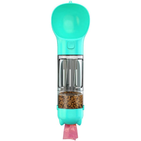 Sticla portabila 4 in 1 Vivimall, pentru caini si pisici, cu 3 compartimente + lopetica, 300ml, apa, hrana, pungi igienice, lopetica, 26.7 x 9.7 x 9.4 cm, turcoaz - vivimall.ro
