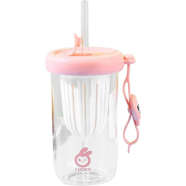 Pahar din silicon, cu capac si pai, pentru copii, Vivimall, anti-cadere, compartiment pentru fructe/ceai/gheata, rezistent la temperaturi inalte, 500ml, Roz, 14.5x8.8x20 cm - vivimall.ro