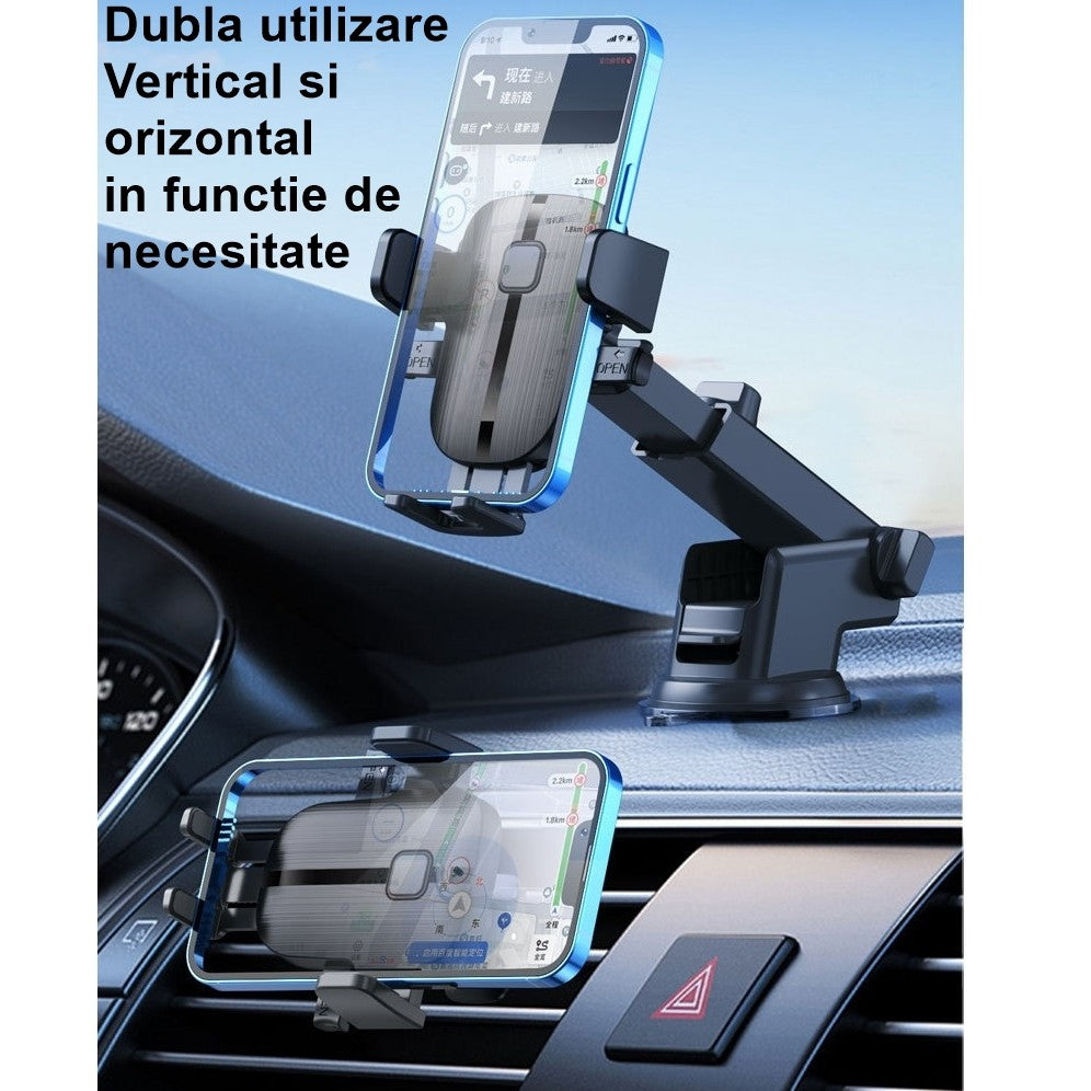 Suport Auto Telefon Flippy, Prindere Grila Ventilatie, Tija Fixare Reglabila, Rotativ 90 grade, Design Modern, Detalii Fine, Material Plastic si Silicon, 11 x  8.5 cm, Model 3, Negru - vivimall.ro