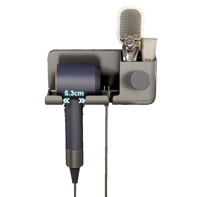 Suport de Baie, Vivimall, pentru Uscator de Par, cu Organizator Dublu, din Plastic, Aplicare cu Suport Adeziv, 23 x 8.8 x 9.5 cm, Gri - vivimall.ro