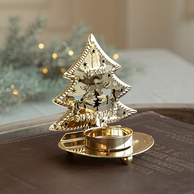 Suport Decorativ pentru Lumanare de Craciun, Flippy, Model Brad Auriu din Art Metal, pentru Masa fara Agatare, 10.5 x 9 x 7.5 cm, Auriu - vivimall.ro