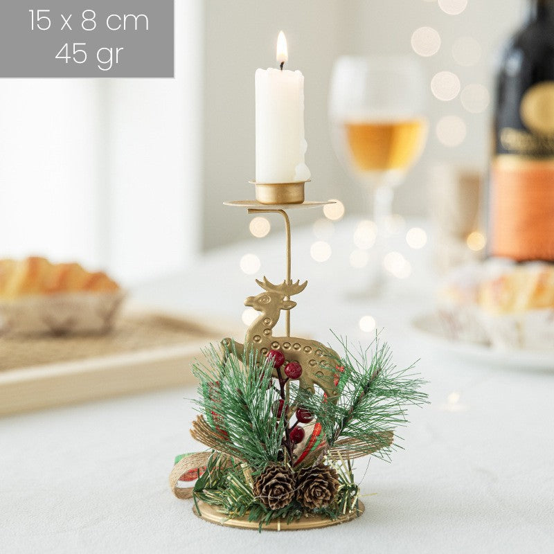 Suport Decorativ pentru Lumanare de Craciun, Flippy, Ornament pentru Lumanare, Model Ren Auriu cu Crengute de Brad, din Art Metal, pentru Masa, fara Lumanare 15 x 8 cm, Auriu - vivimall.ro