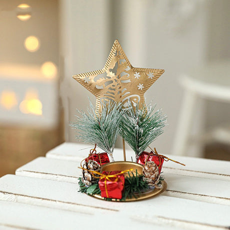 Suport Decorativ pentru Lumanare de Craciun, Flippy, Ornament pentru Lumanare pe Masa, Model Stea cu Clopotei si Crengute de Brad, din Art Metal, fara Lumanare 13 x 8.3 cm, Auriu - vivimall.ro