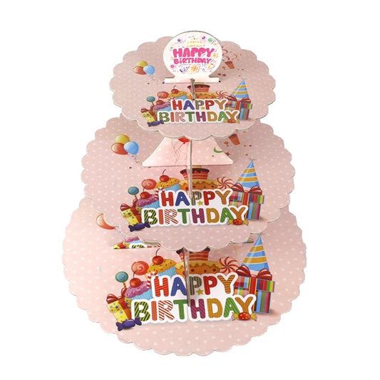 Suport Etajat pentru Prajituri, Vivimall, cu Tematica Happy Birthday, 3 Nivele, Model 2, 38x34x1cm, Multicolor - vivimall.ro