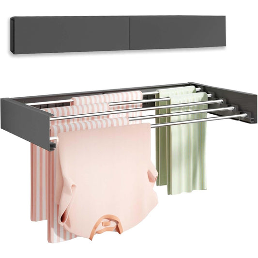 Suport haine pliabil din aluminiu negru, montat pe perete, vedere frontală extinsă, 80 cm