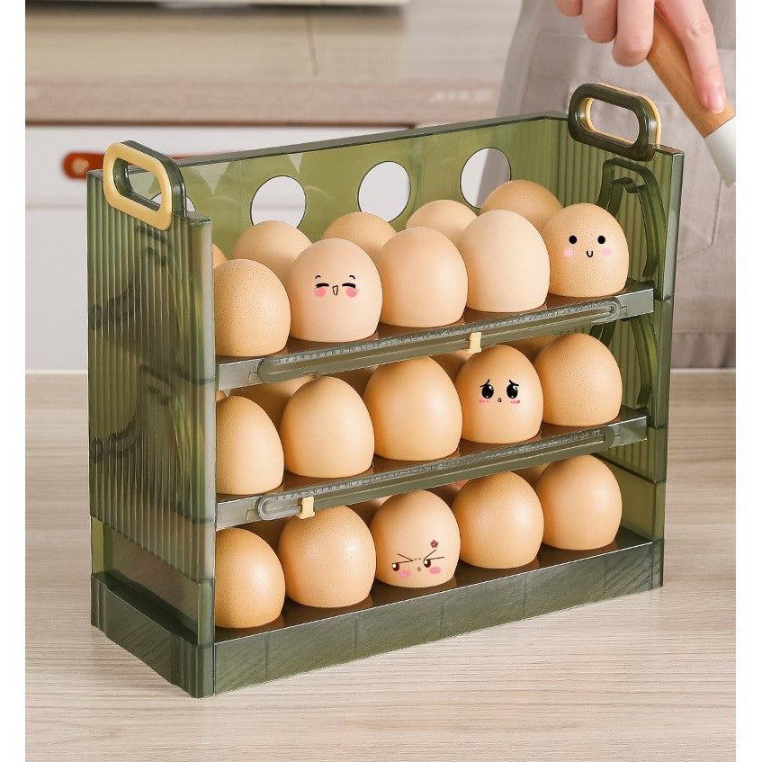 Suport Organizator pentru Oua, Vivimall, pentru Frigider, Verde transparent, Capacitate 30 oua, Trei straturi, cu Data de Expirare, 25.5x10x23 cm - vivimall.ro