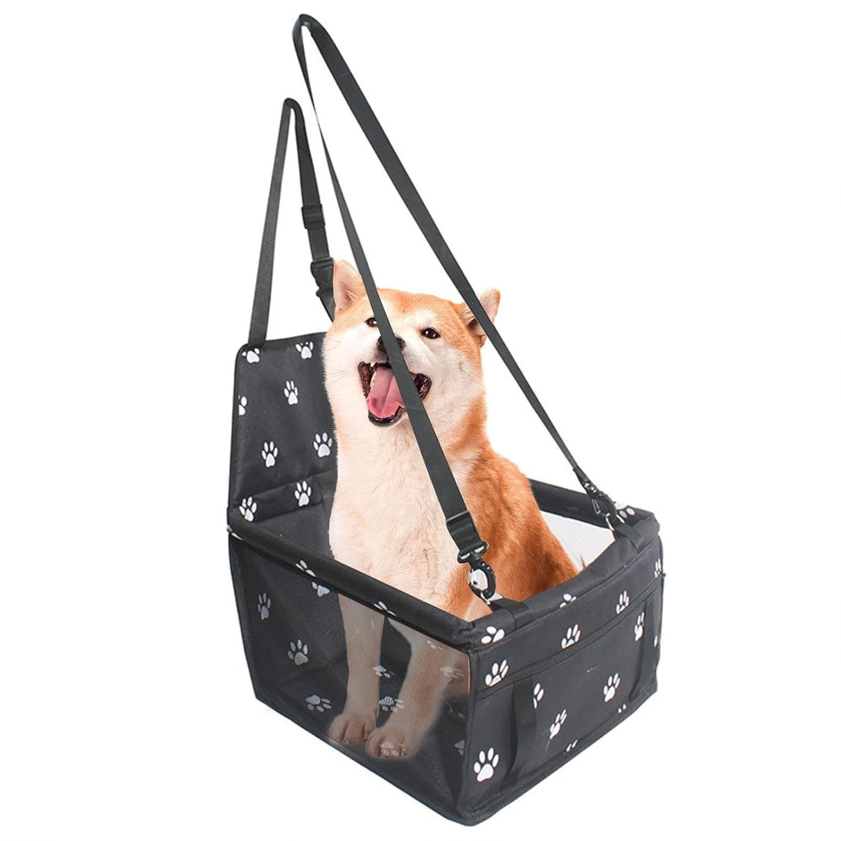 Suport pentru Animalele de Companie, Vivimall, pentru Masina, cu Prindere de Scaun si Centura de Siguranta, Negru cu Imprimeu, 40x32x42cm - vivimall.ro