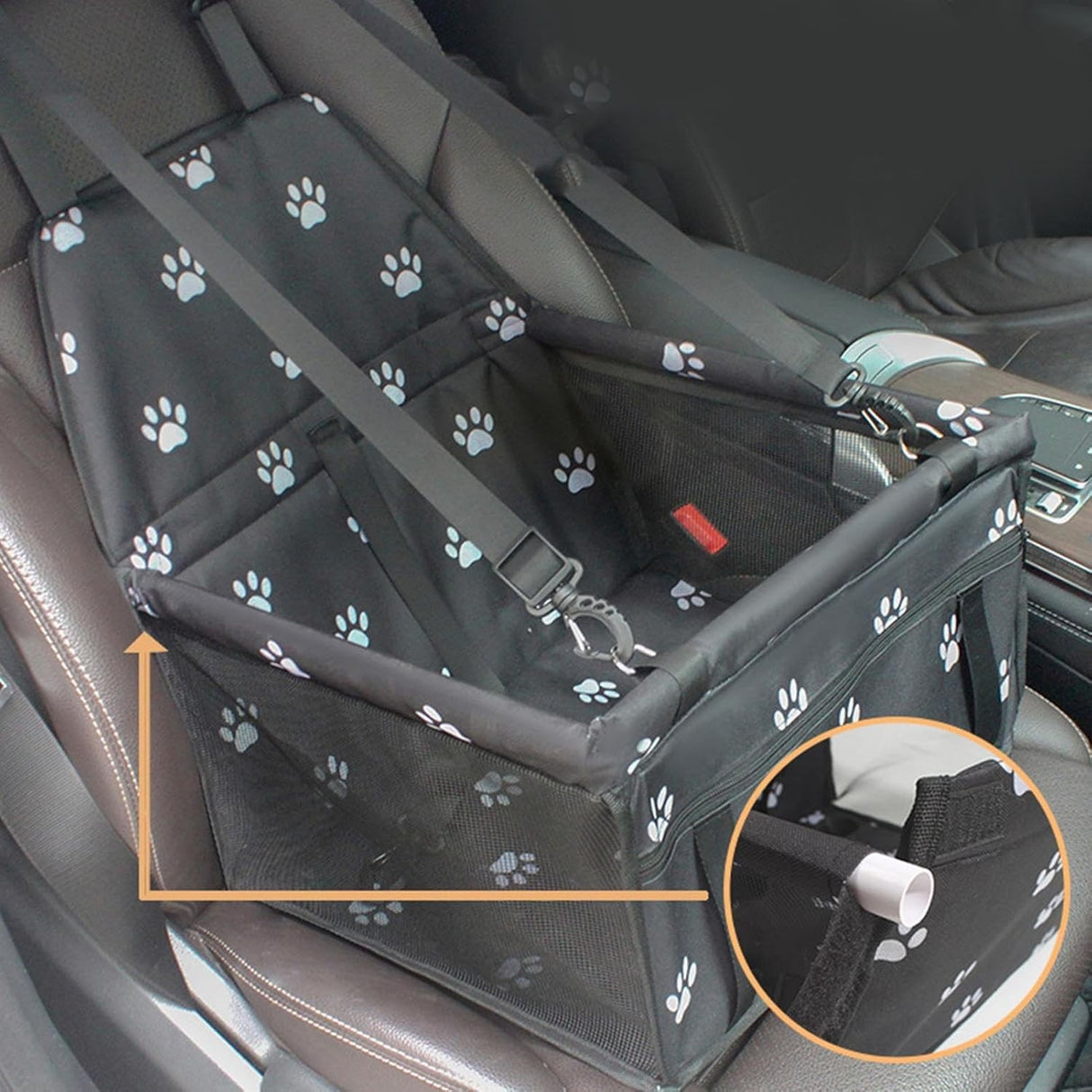 Suport pentru Animalele de Companie, Vivimall, pentru Masina, cu Prindere de Scaun si Centura de Siguranta, Negru cu Imprimeu, 40x32x42cm - vivimall.ro