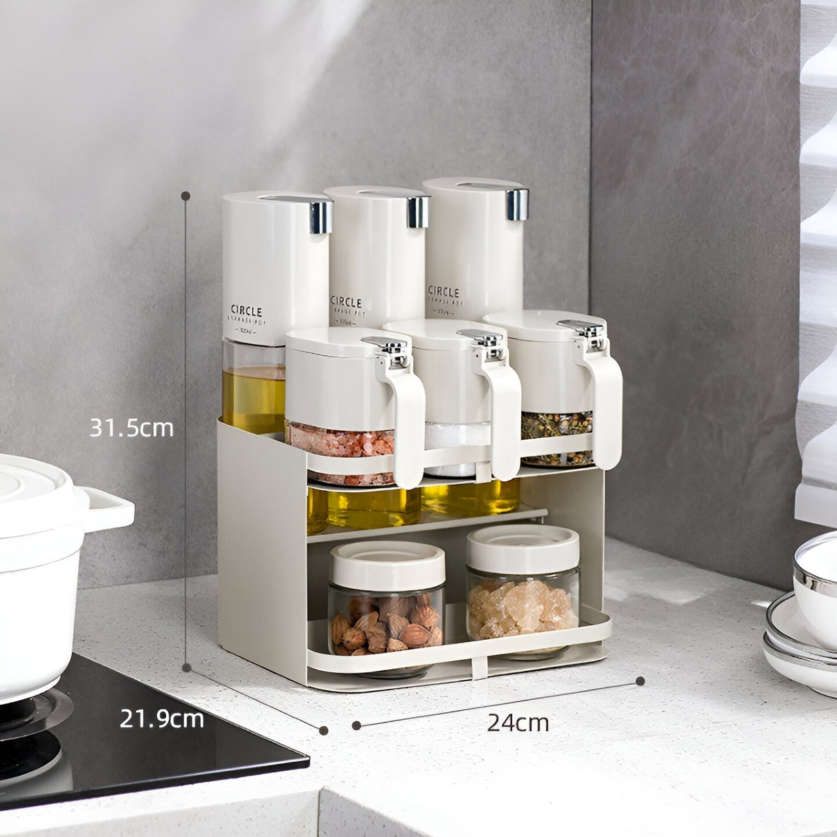 Suport pentru Depozitare Condimente, Ulei, Otet, Vivimall, Montare pe Perete din 9 Piese, Uz Casnic, pentru Bucatarie, 24 x 21.9 x 31.5cm, Alb - vivimall.ro