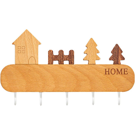 Suport pentru Chei, Vivimall, din Lemn, Aplicare fara Perforare, Adeziv Inclus, 5 Carlige Albe, Model Casuta, Greutate Suportata 5 kg, 13.5 x 23 cm, Maro - vivimall.ro