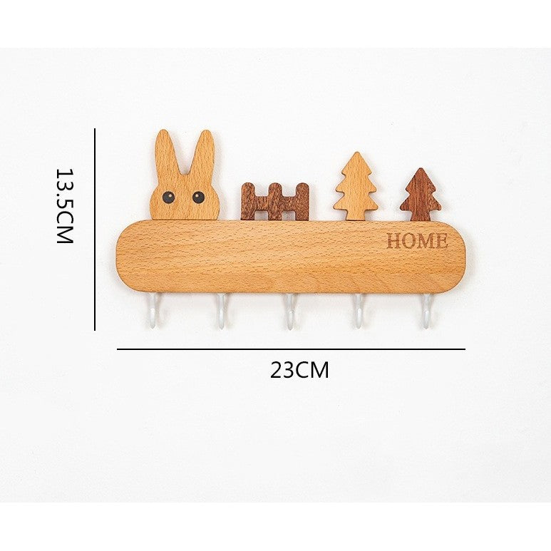 Suport Pentru Chei, Din Lemn, Aplicare Fara Perforare, Adeziv Inclus, 5 Carlige Albe, Model Iepure, Greutate Suportata 5 Kg, 13.5 X 22 Cm, Maro - vivimall.ro