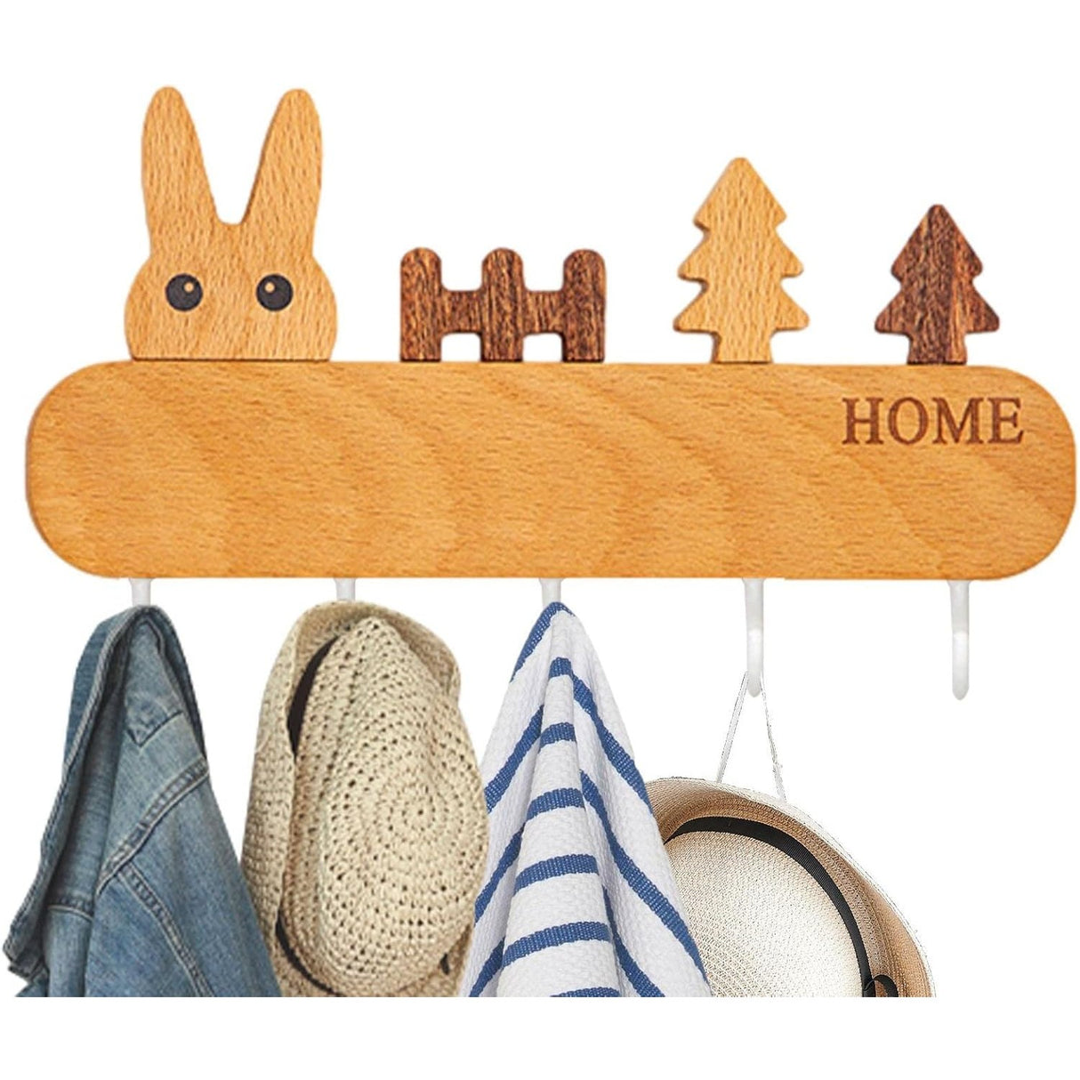 Suport pentru Chei, Vivimall, din Lemn, Aplicare fara Perforare, Adeziv Inclus, 5 Carlige Albe, Model Iepure, Greutate Suportata 5 kg, 13.5 x 22 cm, Maro - vivimall.ro